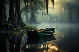 AI generated A peaceful reflection of a boat gliding gently through a misty swamp. Generative AI photo