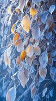 AI generated Extreme winter beauty Frost covered leaves in a tranquil snowy setting Vertical Mobile Wallpaper photo