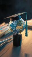 AI generated Worldwide business study Graduation cap with Earth globe concept Vertical Mobile Wallpaper photo