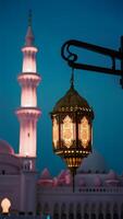 ai generado tradicional linterna brilla en contra mezquita fondo, celebrando eid festividades vertical móvil fondo de pantalla foto