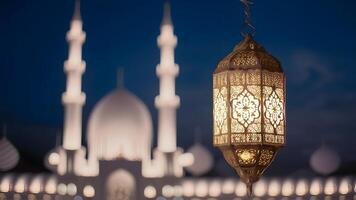 ai generado islámico linterna, mezquita difuminar fondo, celebrando eid ul adha foto