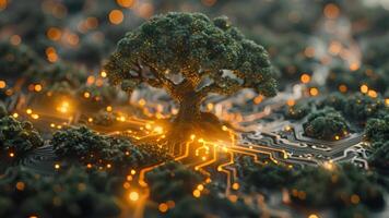 ai gegenereerd een bomen dat zijn naadloos geïntegreerde in digitaal circuits welke is een symbool van groen technologie. video