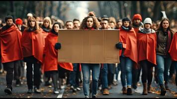 ai gegenereerd een groep van mensen protesteerde vervelend rood Jurken en Holding tekens. video