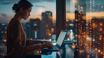 ai generiert Lebensstil von Laptop Benutzer umgeben durch Technologie Symbole modern Büro Atmosphäre Stadt Aussicht im das Hintergrund video