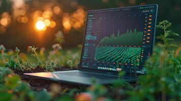 AI generated Banner with blurred background of a farm and in the foreground of a laptop screen showing a graph of farm production. video