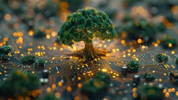 ai gegenereerd een bomen dat zijn naadloos geïntegreerde in digitaal circuits welke is een symbool van groen technologie. video