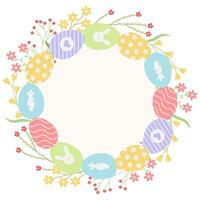 Happy Easter greeting card with colorful eggs in pastel colors for banners, for wedding invitations and for congratulations on spring and Easter vector