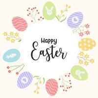 Happy Easter greeting card with colorful eggs in pastel colors for banners, for wedding invitations and for congratulations on spring and Easter vector