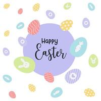 Happy Easter greeting card with colorful eggs in pastel colors for banners, for wedding invitations and for congratulations on spring and Easter vector