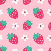 Strawberry flowers summer seamless vector children's pattern. Repeating background with summer fruits on pink. Cute design for fabric, gift wrap, packaging.