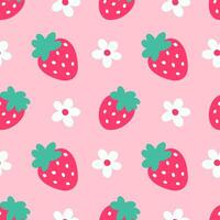 Strawberry flowers summer seamless vector children's pattern. Repeating background with summer fruits on pink. Cute design for fabric, gift wrap, packaging.