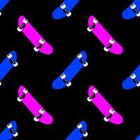 Seamless youth vector pattern with pink and blue skateboards on a black background for textiles, fabrics, wallpaper, packaging.