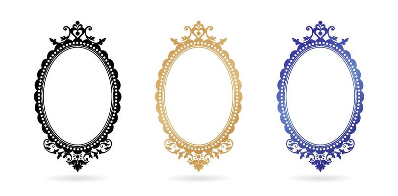 three set of vintage frame oval with ornate designs on a isolated white backgrounds for screen printing, paper craft printable designs, wedding invitation cover, stationery design material print paper