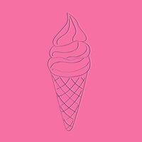 A doodle-style ice cream cone is pictured on a bright pink background. The cone is filled with swirls of ice cream in pastel colors, creating a playful and delicious image vector