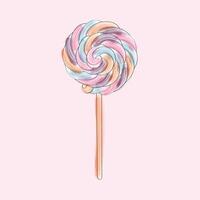 A vibrant, multicolor lollipop stands out against a pink backdrop. The candy is the focal point, showcasing a variety of bright colors and swirl patterns vector