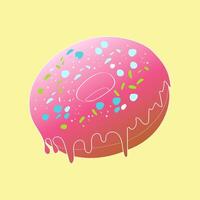 A hand-painted pink donut covered in colorful sprinkles is placed on a bright yellow background. The donut appears delicious and is the focal point of the image vector