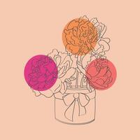 A drawing of peonies in a vase set against a pink background. The delicate flowers are intricate sketches, showcasing their beauty and elegance in a simple yet charming composition vector