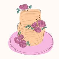 A two-tiered cake decorated with hand-painted flowers on the top layer. The cake appears to be intricately designed and visually appealing vector