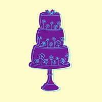 A hand-drawn illustration of a three-tiered cake adorned with delicate flowers. The cake is detailed with intricate decorations and piping, showcasing a traditional yet elegant design vector