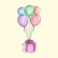 A hand-drawn illustration of a present wrapped with a bow, accompanied by colorful balloons floating above it. The image captures a festive and celebratory atmosphere vector