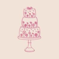 This drawing depicts a three-tiered cake adorned with delicate flowers. The cake is intricately detailed, showcasing layers of frosting and decorative blooms in a charming design vector