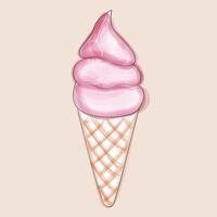 A pink ice cream sits nestled in a crispy waffle cone. The vibrant colors of the treat contrast beautifully with the neutral tones of the cone vector