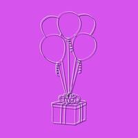 A hand-drawn illustration showing a colorful present box surrounded by vibrant balloons. The present is adorned with a bow, while the balloons float around it in the air vector
