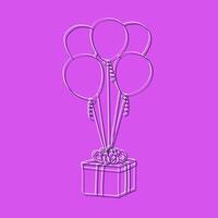 A hand-drawn illustration showing a colorful present box surrounded by vibrant balloons. The present is adorned with a bow, while the balloons float around it in the air vector