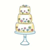 A decorated three-layer cake with colorful flowers showcasing intricate hand-painted watercolor designs. The cake exudes elegance and craftsmanship vector