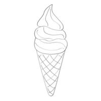 un sencillo dibujado a mano ilustración de un hielo crema cono, presentando Tres cucharadas de hielo crema apilado en parte superior de un crujiente cono, todas metido en un llanura blanco antecedentes vector