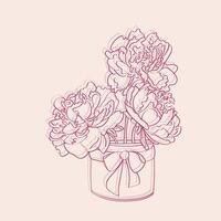 A hand-drawn illustration of vibrant peonies arranged in a vase, set against a soft pink background. The flowers are detailed with delicate strokes and bring a touch of nature indoors vector