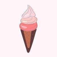 An ice cream cone topped with pink icing, creates a sweet and colorful treat. The cone is held upright, showcasing the creamy texture of the dessert vector