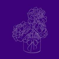 A hand-drawn illustration featuring peonies in a vase set against a vibrant purple background. The flowers are intricately detailed, showcasing their delicate petals and leaves vector
