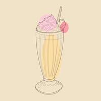 A hand-drawn illustration of a colorful ice cream sundae with layers of ice cream, chocolate sauce, whipped cream, and a cherry on top, all presented in a glass vector