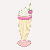 Milkshake topped with fluffy whipped cream and fresh strawberries. The illustration showcases the creamy texture of the shake and the vibrant red color of the berries vector