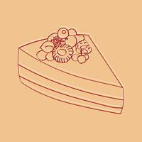A hand-drawn illustration of a slice of cake with berries adorning the top. The cake is detailed with layers and frosting, while the berries add a touch of elegance to the sweet treat vector
