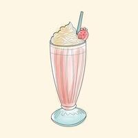 A hand-painted doodle of a milkshake topped with fluffy whipped cream and a vibrant strawberry vector