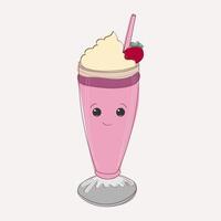 A pink smoothie served in a glass with a striped straw and a fresh cherry placed on top vector