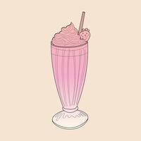 A pink milkshake with a straw and a scoop of ice cream on top, set against a plain background. The drink is in clear glass with ice cubes vector