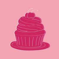 A pink cupcake with frosting and a cherry on top displayed on a plate. The cupcake is decorated with sprinkles, and the cherry adds a pop of color to the sweet treat vector