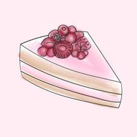 A piece of cake with smooth pink frosting and fresh berries on top, sitting on a plate. The cake is hand-painted with a doodle-style watercolor design vector