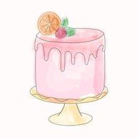 A hand-drawn watercolor illustration of a pink cake with a vibrant slice of orange on top. The cake is detailed with delicate frosting and decorative elements vector