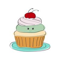 A delicious cupcake with a sweet cherry perched on top. The cupcake is adorned with colorful sprinkles and sits on a blue plate vector