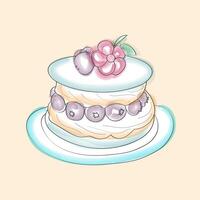 A hand-painted watercolor drawing of a three-layer cake topped with fresh berries. The berries add a pop of color and freshness to the delicious-looking dessert vector