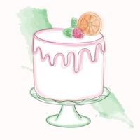 A hand-painted watercolor drawing of a cake with a slice of orange placed on top of it. The cake looks delicious and inviting, with intricate details and vibrant colors vector