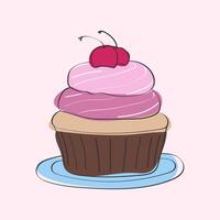 A cupcake with a cherry on top is displayed. The cupcake is decorated with frosting and has a vibrant red cherry resting on its centre vector