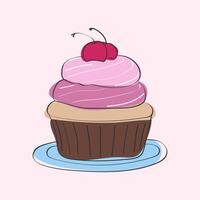 A cupcake with a cherry on top is displayed. The cupcake is decorated with frosting and has a vibrant red cherry resting on its centre vector