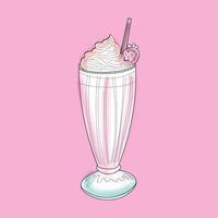 A doodle-style handpainted watercolor illustration of a milkshake placed against a soft pink background. The milkshake is portrayed in a fun manner, with vibrant colors and charming details vector