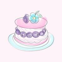 A hand-drawn watercolor illustration of a three-layer cake adorned with delicate flowers on top. The cake is intricately decorated, showcasing the layers and floral details vector