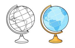 Outline Globe and Colored Doodle Sketch. Hand drawn school globe on a stand. Model of the Earth. Vector illustration